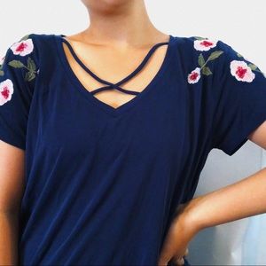 Navy Blue Short Sleeved Floral Accent Sleeve